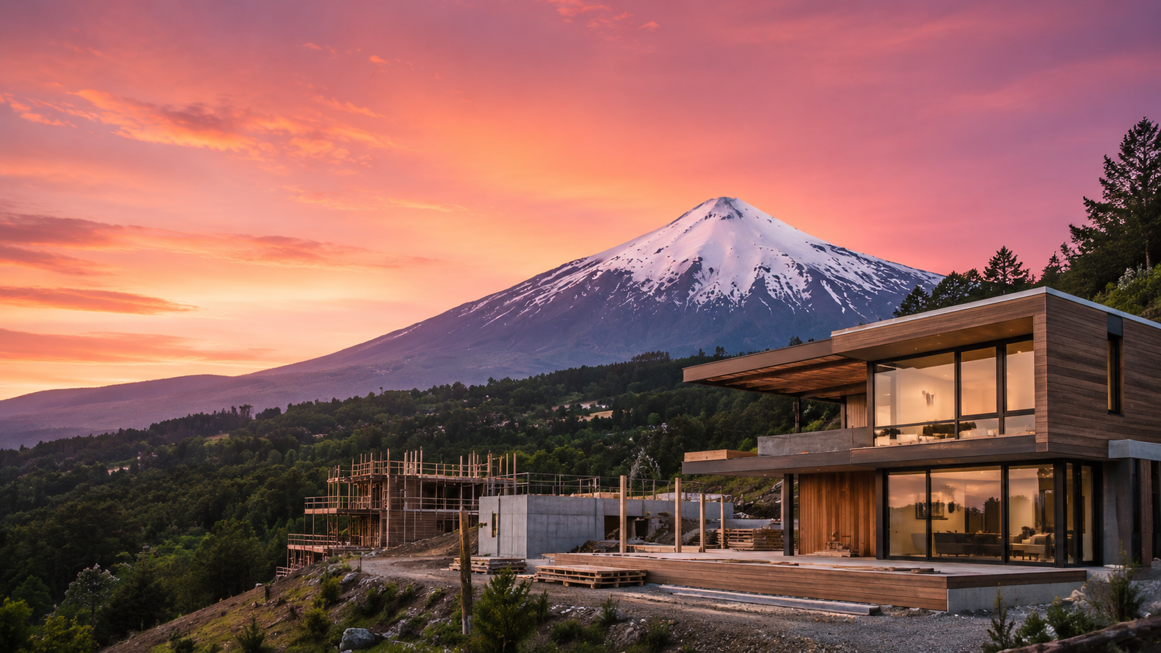 Construcción moderna con el Volcán Villarrica de fondo al atardecer