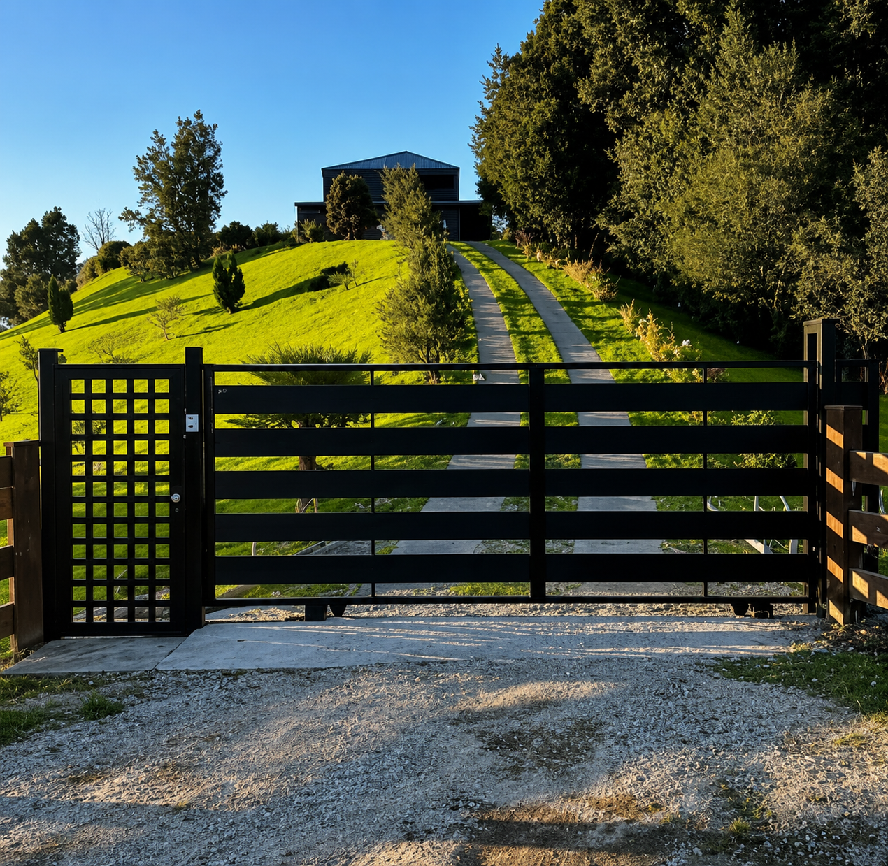 Portón corredizo metálico negro con diseño moderno en entrada campestre de Villarrica