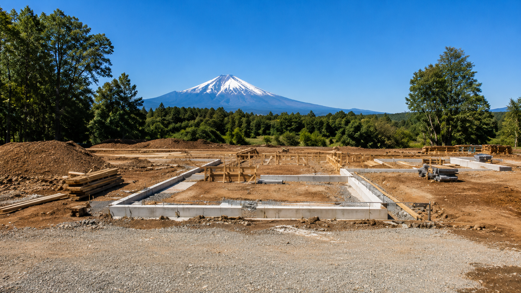 Cimientos de hormigón con encofrados de madera y el Volcán Villarrica de fondo